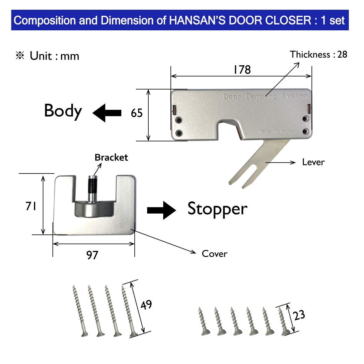 Hansan Ferme-porte avec amortissement silencieux et sûr pour la maison - Ferme-porte automatique avec installation facile et durable