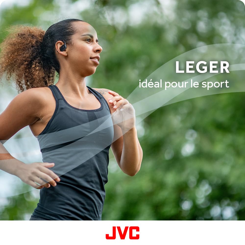 JVC Nearphones Oreilles Libres True Wireless avec Crochet pivotant, Driver néodyme 16mm, Bluetooth 5.4, Autonomie 26heures - HA-NP40T-B (Noir)
