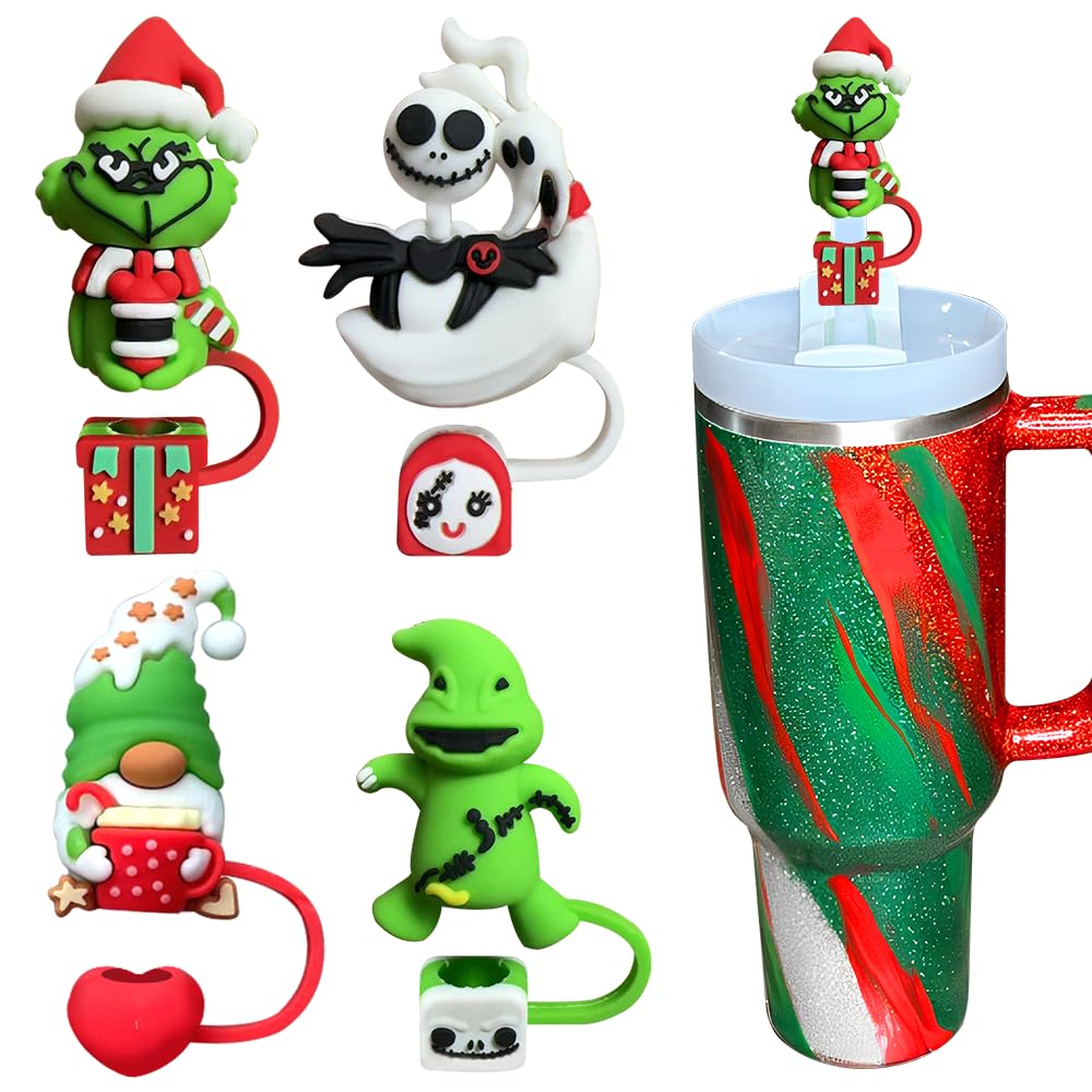 Straw Cover Cap for Stanley Cup | 4Pcs Silicone Straw Topper Compatible with Stanley 40 Oz Tumbler with Handle | Reusable Straw Covers for 10mm Straws | Cute Tumbler Cup Accessories (Christmas)