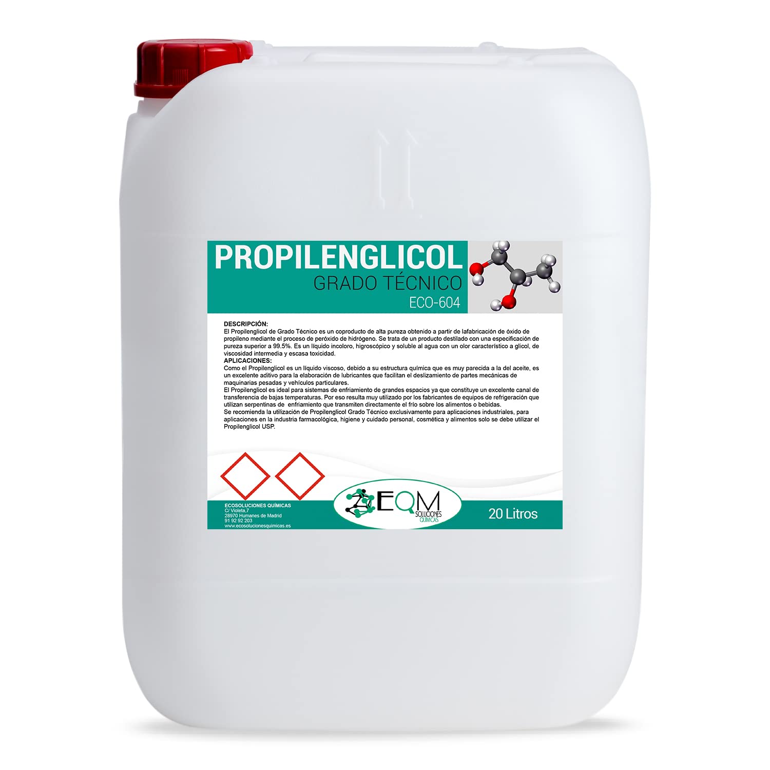 EQM SOLUCIONES QUÍMICAS | ECO-604 | 20 L | Propilenglicol Grado Técnico | Alta Pureza 99,5% | Multitud de aplicaciones industriales, anticongelante, lubricante, etc.