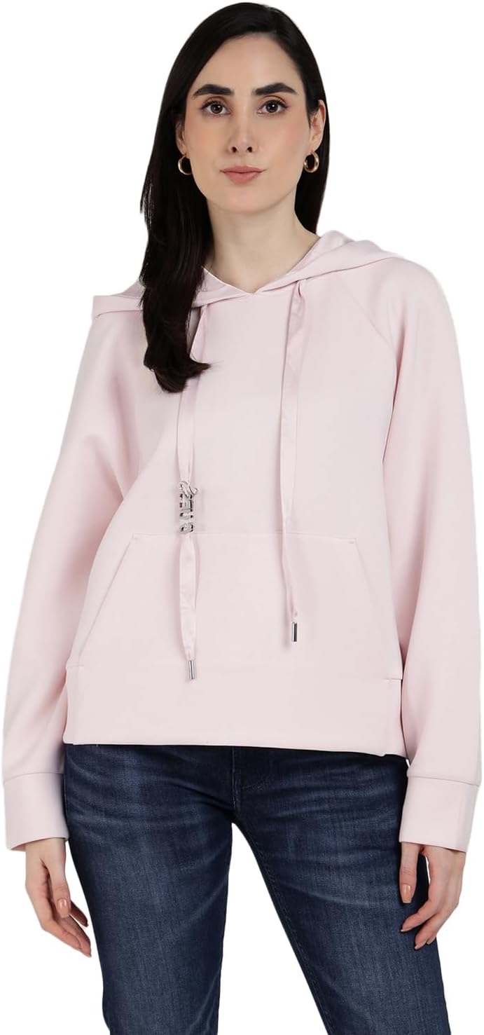 Women Pink Solid Hooded Full Sleeves Pullover Style Sweatshirt