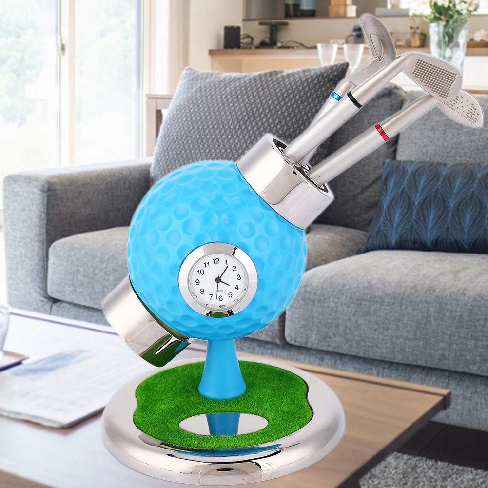 Stifthalter in Golfballform, Bleistiftvase, Desktop-Set mit Uhr und 3 Stiften für das Arbeitszimmer (Blau)