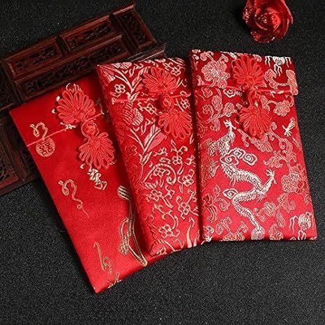 Chinese New Year Red Envelopes Lunar 2025 Snake Year, Silk Red Pocket 4PCS Hong Bao Money Holder Cash Coin Lucky Money Envelopes for Happy New Year Spring Festival Birthday Wedding