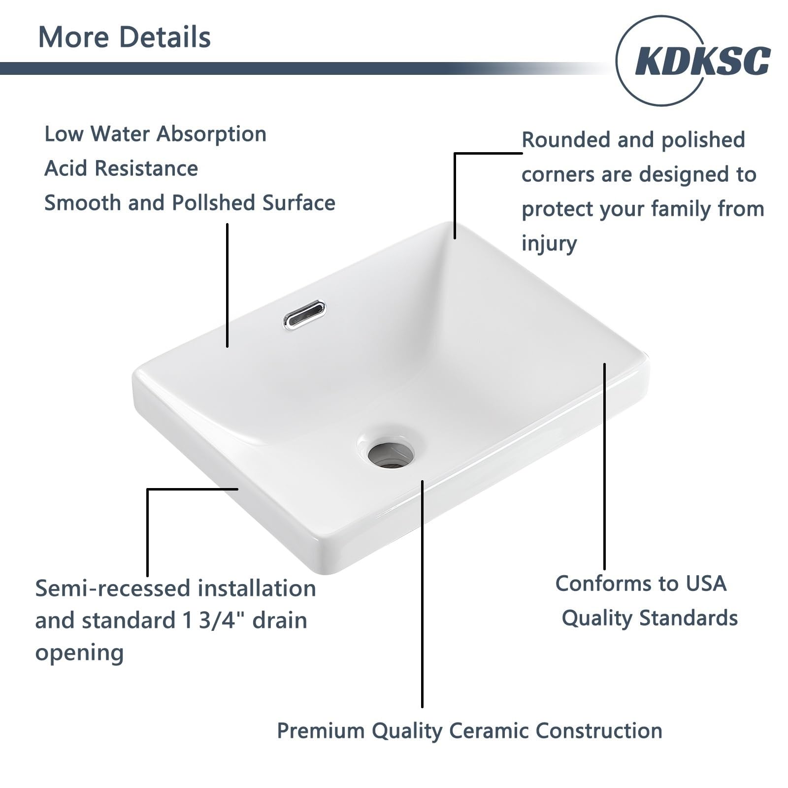 Fregadero de baño de 16.7 x 12.6 pulgadas, semi empotrado, fregaderos de baño rectangulares con desbordamiento de cerámica blanca para baño, fregadero moderno sobre mostrador 7