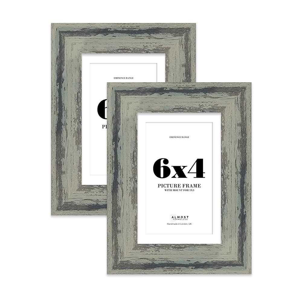 6x4" Distressed Green Picture Frame with 5x3" Mount - Rustic Photo Frame with Distressed Finish, Wall Hooks and Kickstand, 32mm Edge - 2 Pack
