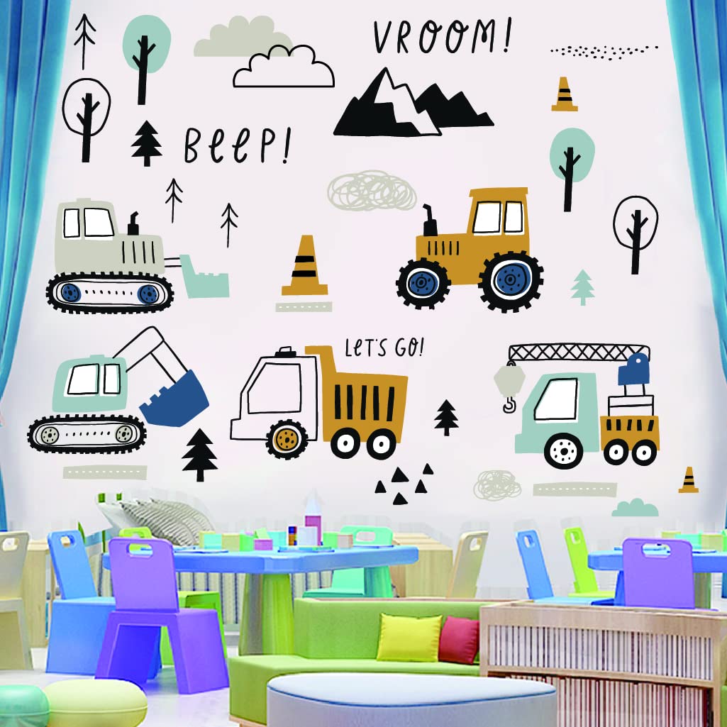 37 Pièces Stickers Muraux Enfants, Decoration Chambre Bebe Garcon, Autocollant Mural Enfant, Déco Chambre Stickers Voiture,tracteur,Cars,Grue,Bulldozer, Excavatrice,Camion(Tapez C)