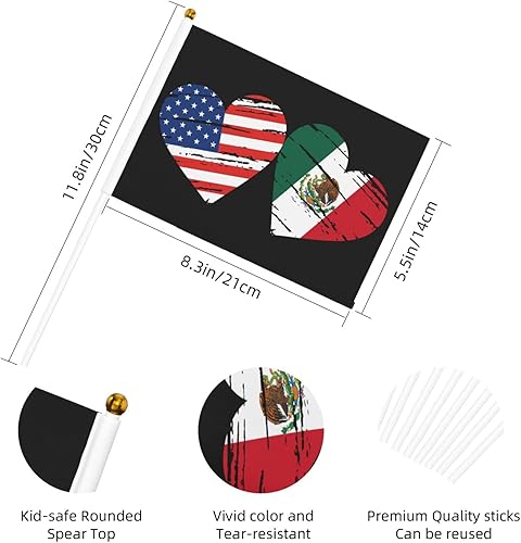 Miniatura 5 de Bandera de México de Estados Unidos, bandera de mano con corazón, tamaño único, tamaño pequeño, mini banderas en palo, decoraciones de fiesta para