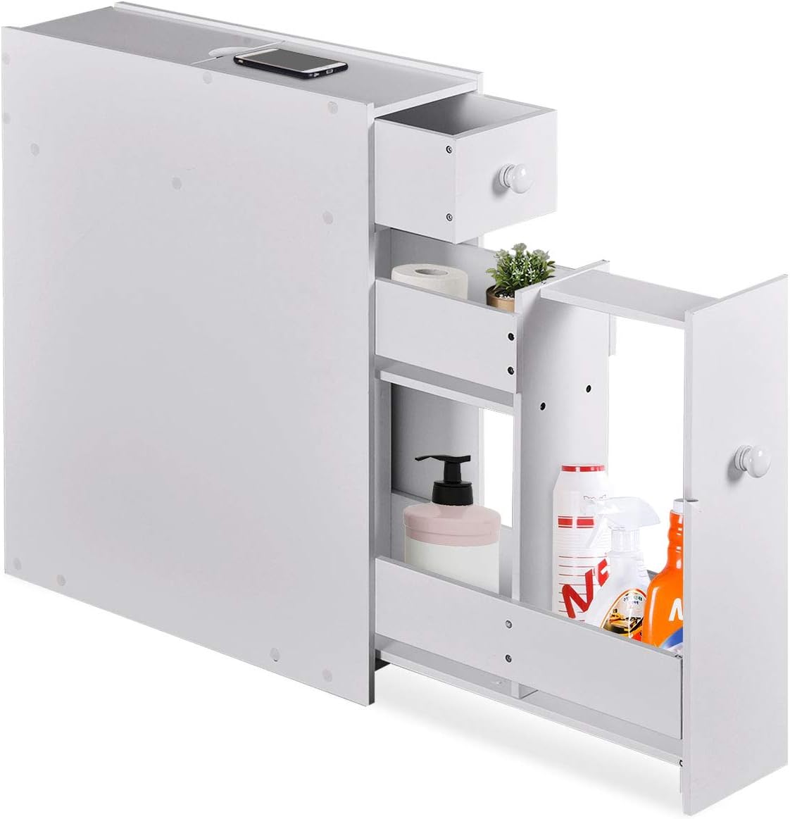 COSTWAY Bathroom Floor Cabinet, Slim Wooden Storage Cupboard with Slide Out Drawers, Home Living Room Hallway Narrow Toilet Paper Organiser Unit (White)