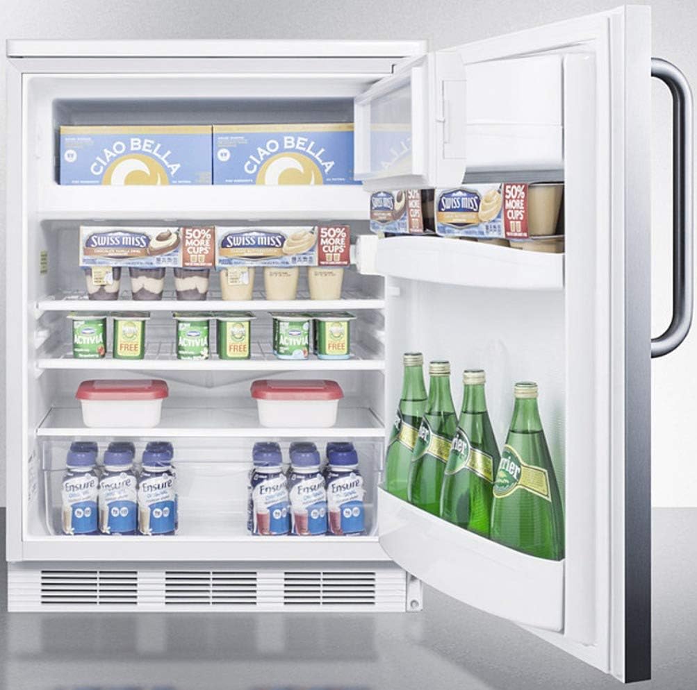 Summit Appliance CT66LWSSTB 24" Wide Refrigerator-Freezer; Dual Evaporator Cooling; Cycle Defrost; Lock; Stainless Steel Door; Crisper Drawer; Towel Bar Handle and White Cabinet