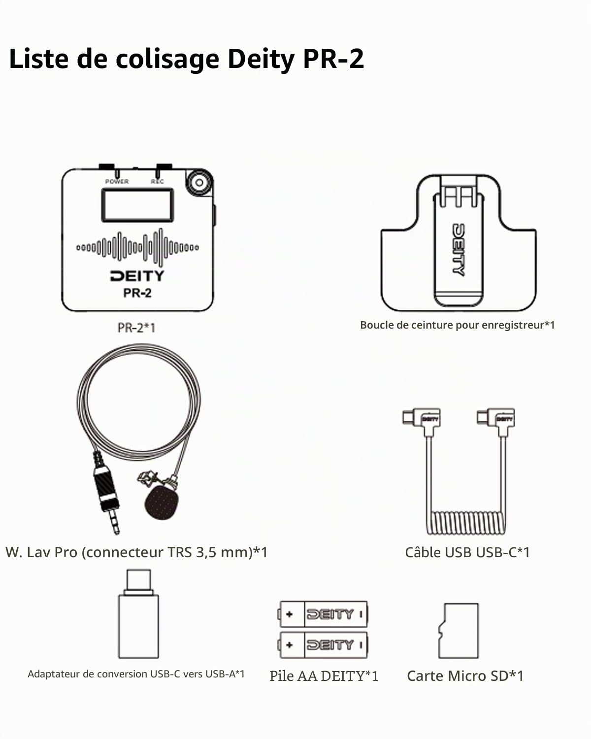 Deity PR-2 Enregistreur Audio de Poche avec Micro Lavalier, Enregistrement 32 Bits Float, Contrôle Sidus Audio App. Idéal pour Interviews, Podcasts, Enregistrements de Terrain, et Production Vidéo