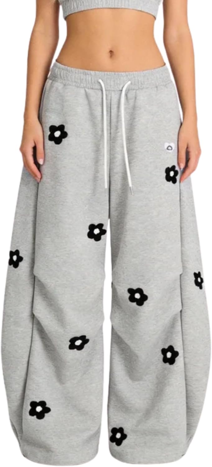Aelfric Eden Baggy Wide Leg Sweatpants Flower Embroidery Casual Y2K Elastic Drawstring Lantern Barrel Lounge Trouser Pants - Image 7