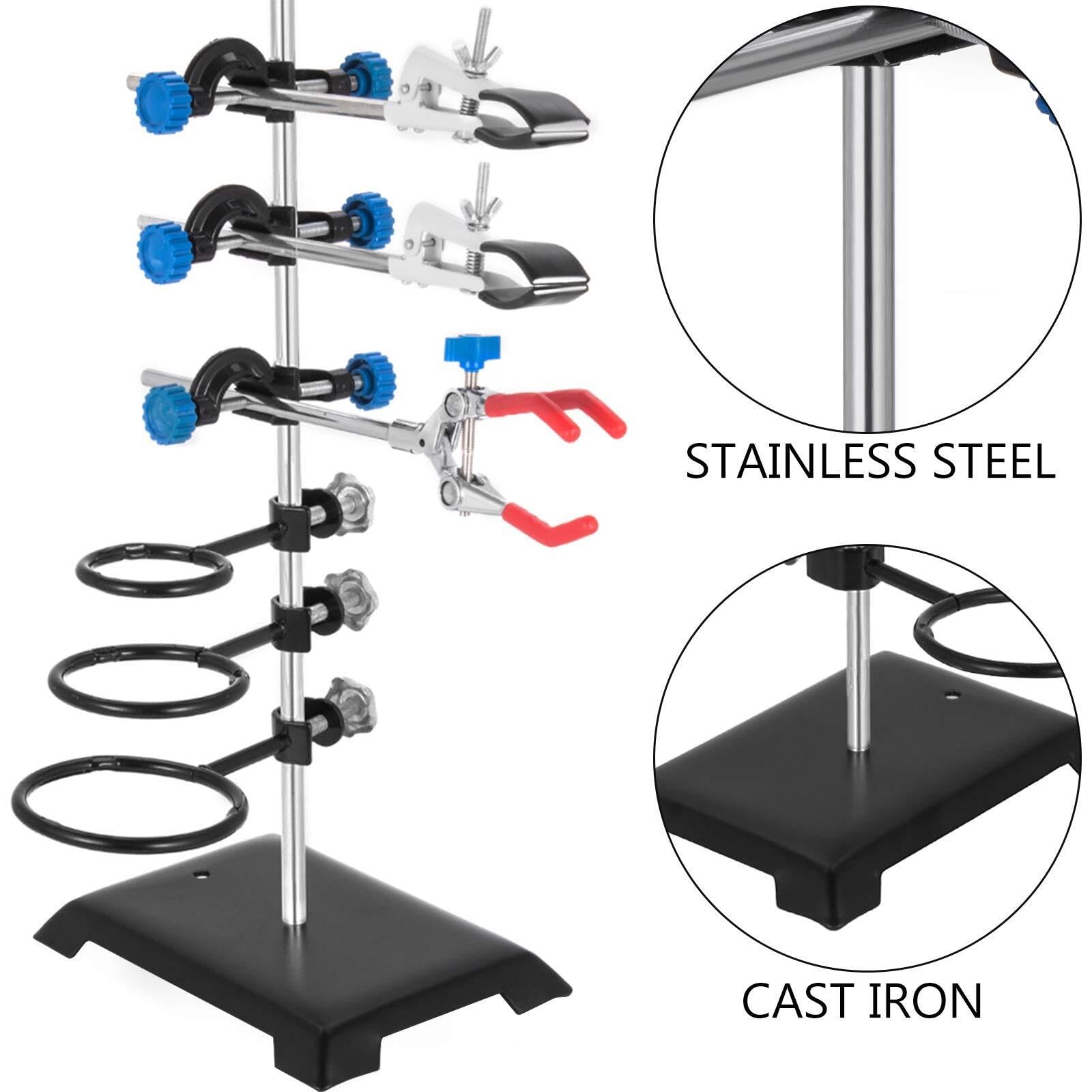 60cm Laborständer Set, Edelstahl Chemiestativ mit verstellbaren Klemmen und Ringen