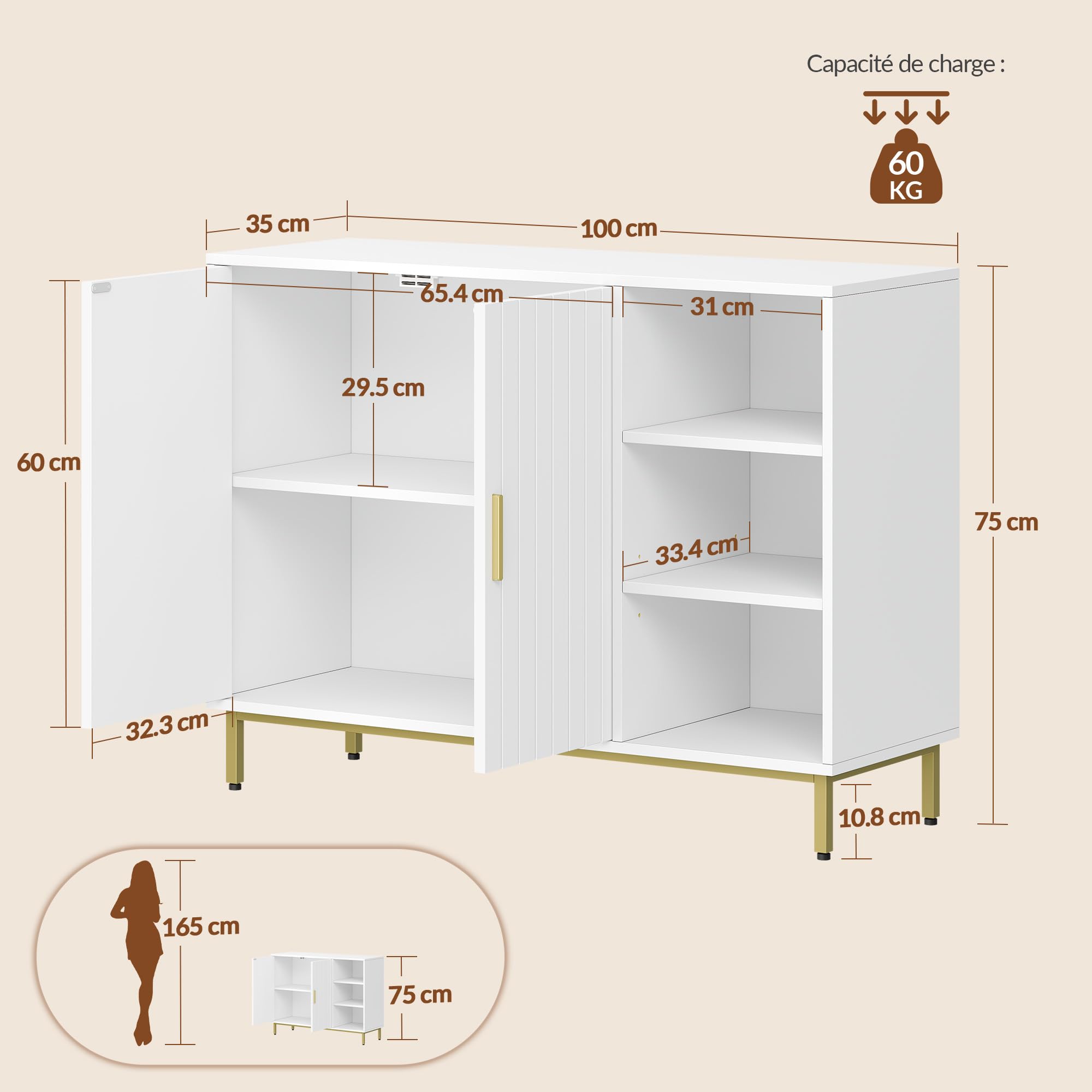 Meuble de Salle de Bain, 100 x 35 x 75 cm, Blanc et Doré | Armoire de Rangement, Buffet Indépendant à Deux Portes, Étagères Réglables, FFBC021PW1