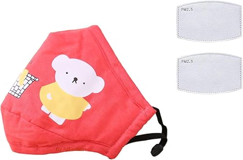 Máscara facial de algodón lavable reutilizable de dibujos animados para niños, tamaño ajustable, 2 filtros de carbón activado PM2.5 gratis (color: