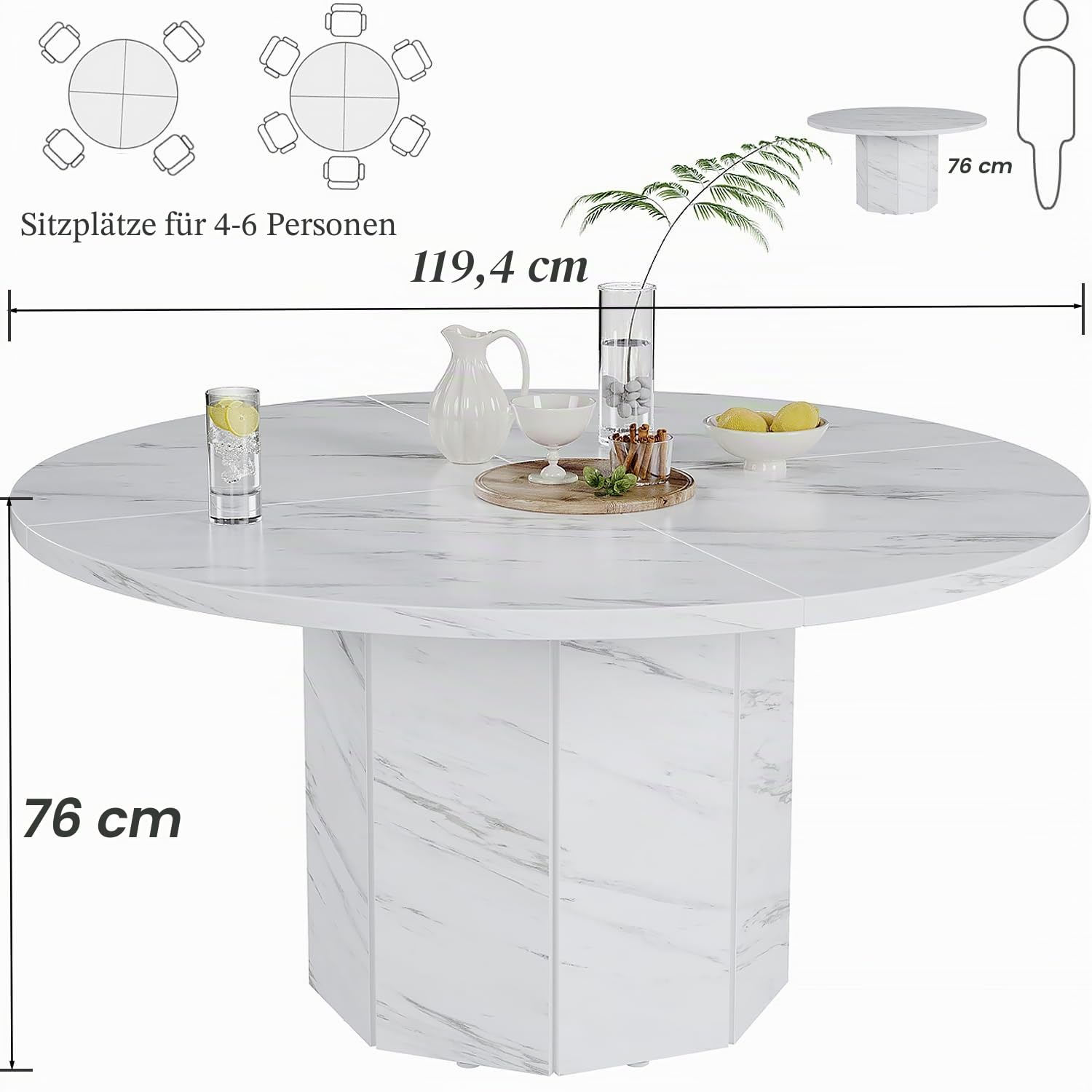 HSH Runder Esstisch Weiß Küchentisch für 4 bis 6 Personen Esszimmertisch Holz mit Marmor Optik Modern Design Tisch mit Achteckiger Basis für Esszimmer Weiß 120 cm