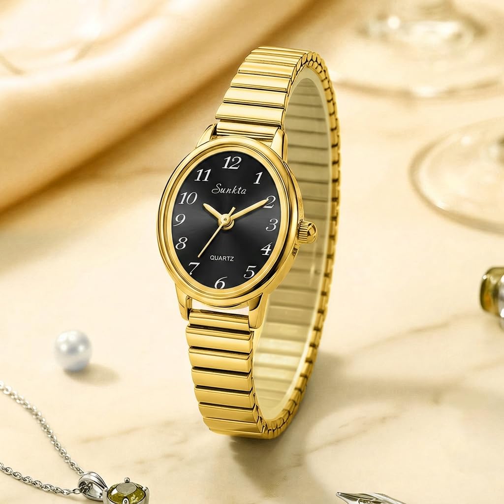 FANMIS Piccolo orologio da donna in oro facile da leggere, quadrante ovale analogico con cinturino di espansione in acciaio inossidabile, orologio da polso al quarzo da donna resistente all'acqua