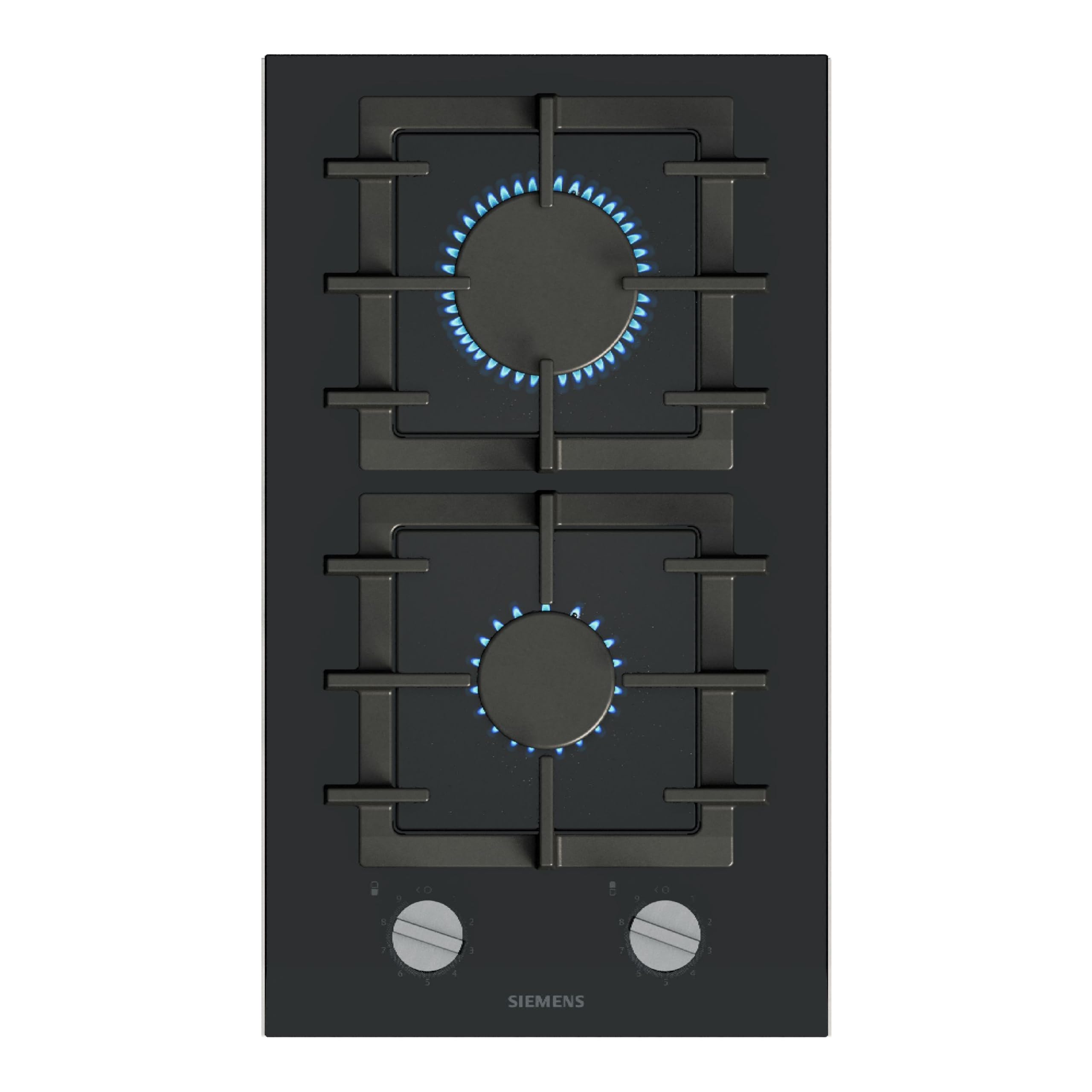 Siemens ER3A6BI40 iQ700 Domino-Kochfeld, Gas, 30 cm, 2 Heizelemente, präzise Flammensteuerung, abnehmbare Metallknebel, Glaskeramik-Oberfläche, spülmaschinengeeignete Topfträger, Schwarz
