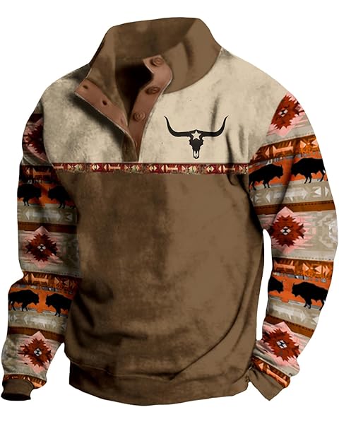 Bengbobar Men's Western Fleece Jacket Cowboy Bull Head Print Pullover 1/4 Zip Stand Collar Long Sleeve Country Sweatshirts