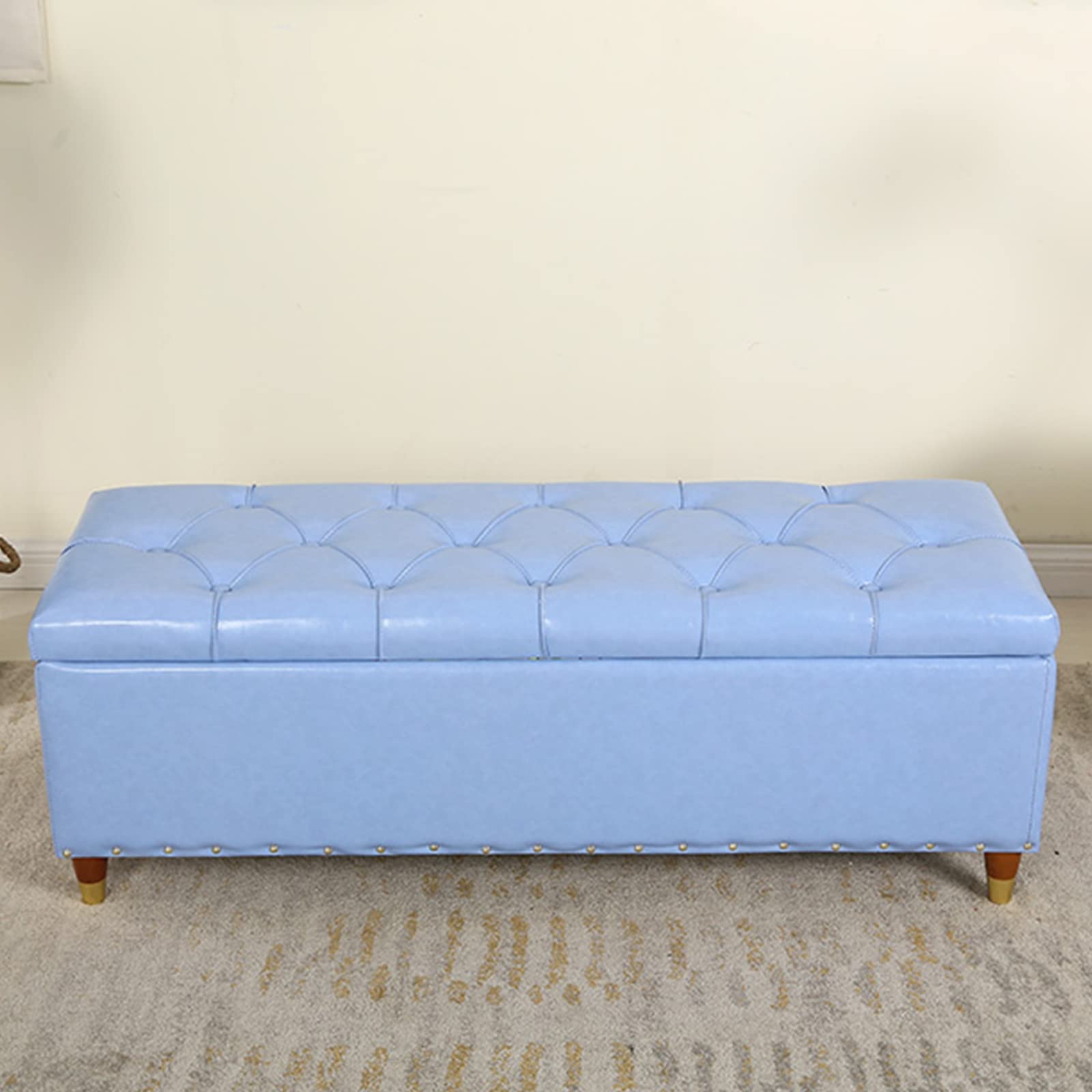 Banc de rangement capitonné bleu ciel de 60x40x45cm pour entrée et salon
