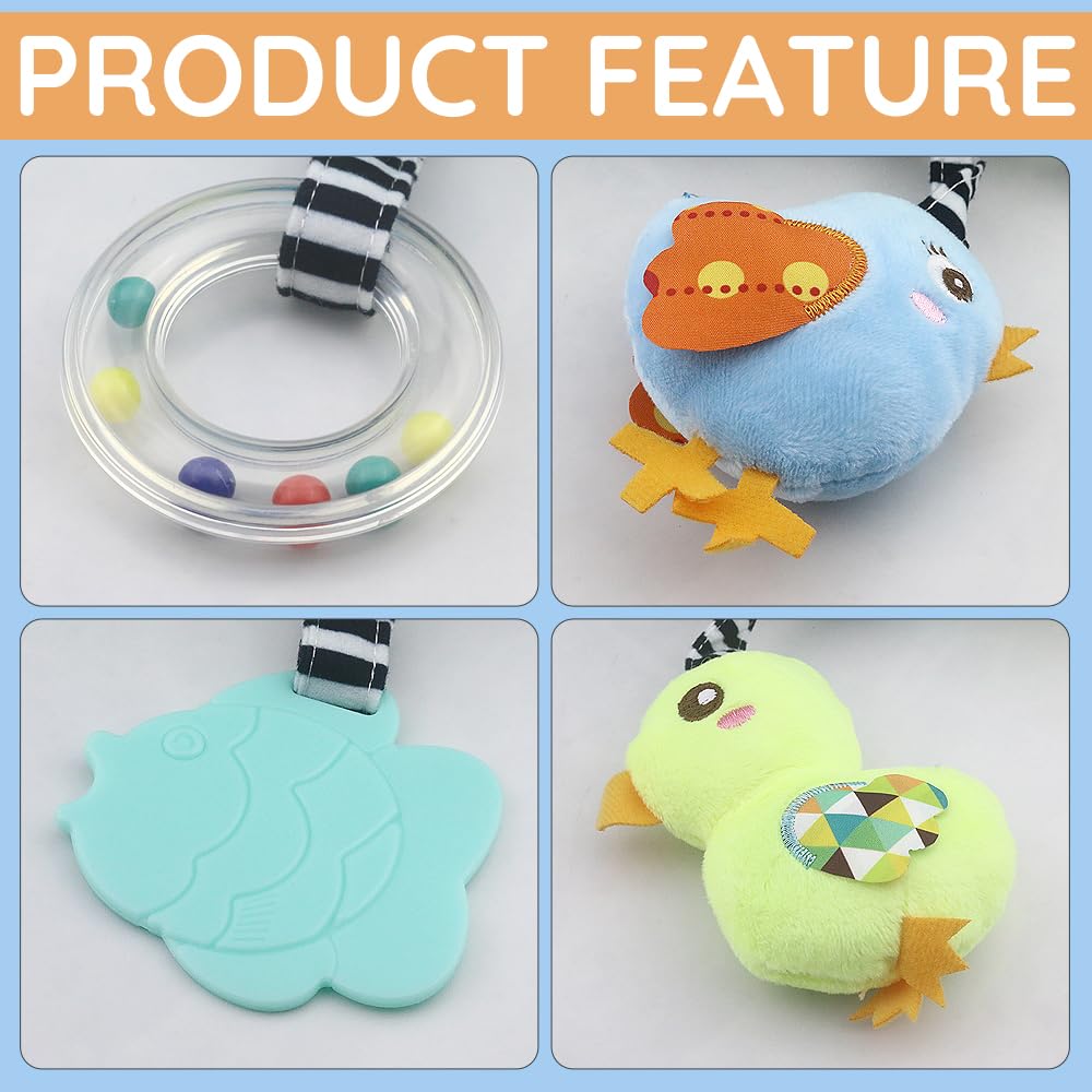Caterbee Jouet Poussette Spirale – 4 Peluches Suspendues Avec Son – Anneau De Dentition – Dès 0 Mois (Éléphant)
