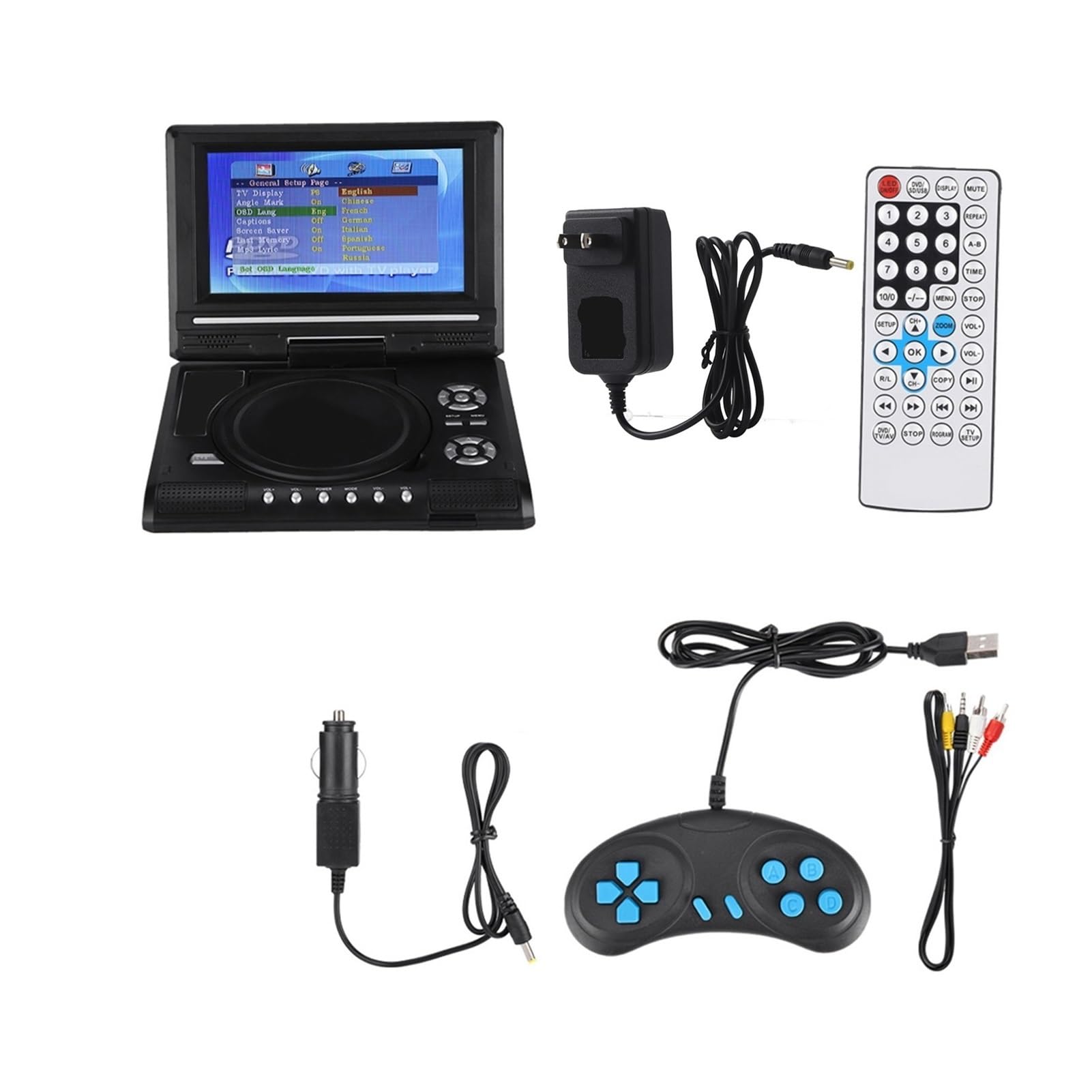 Lecteur DVD portable 7 pouces - Lecteur DVD de voiture rechargeable à écran pivotant avec TV et manette de jeu