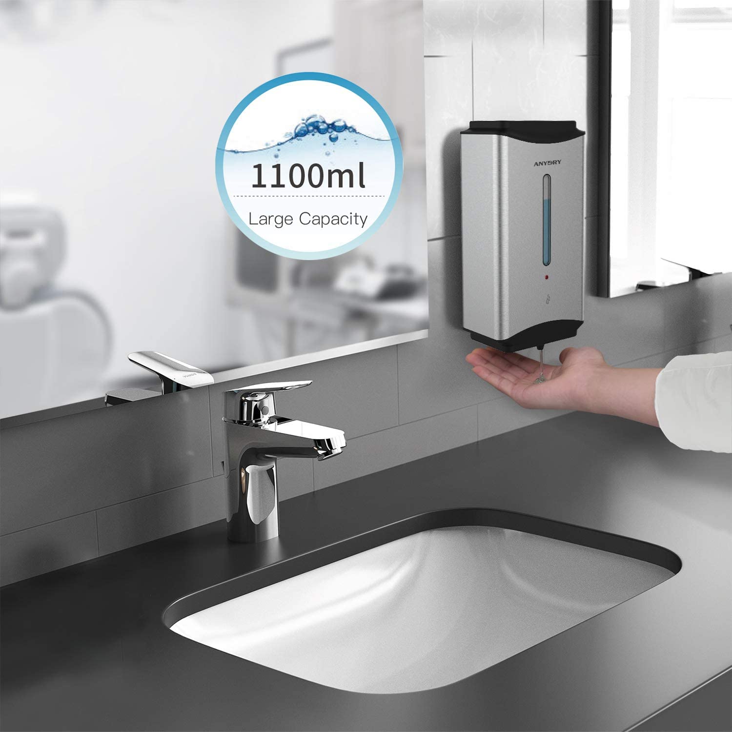 anydry AD1206 Kommerzielle Wandhalterung Automatischer Flüssigseifenspender Edelstahl-Finish 1100ml Großes Fassungsvermögen (Gebürsteter Edelstahl)