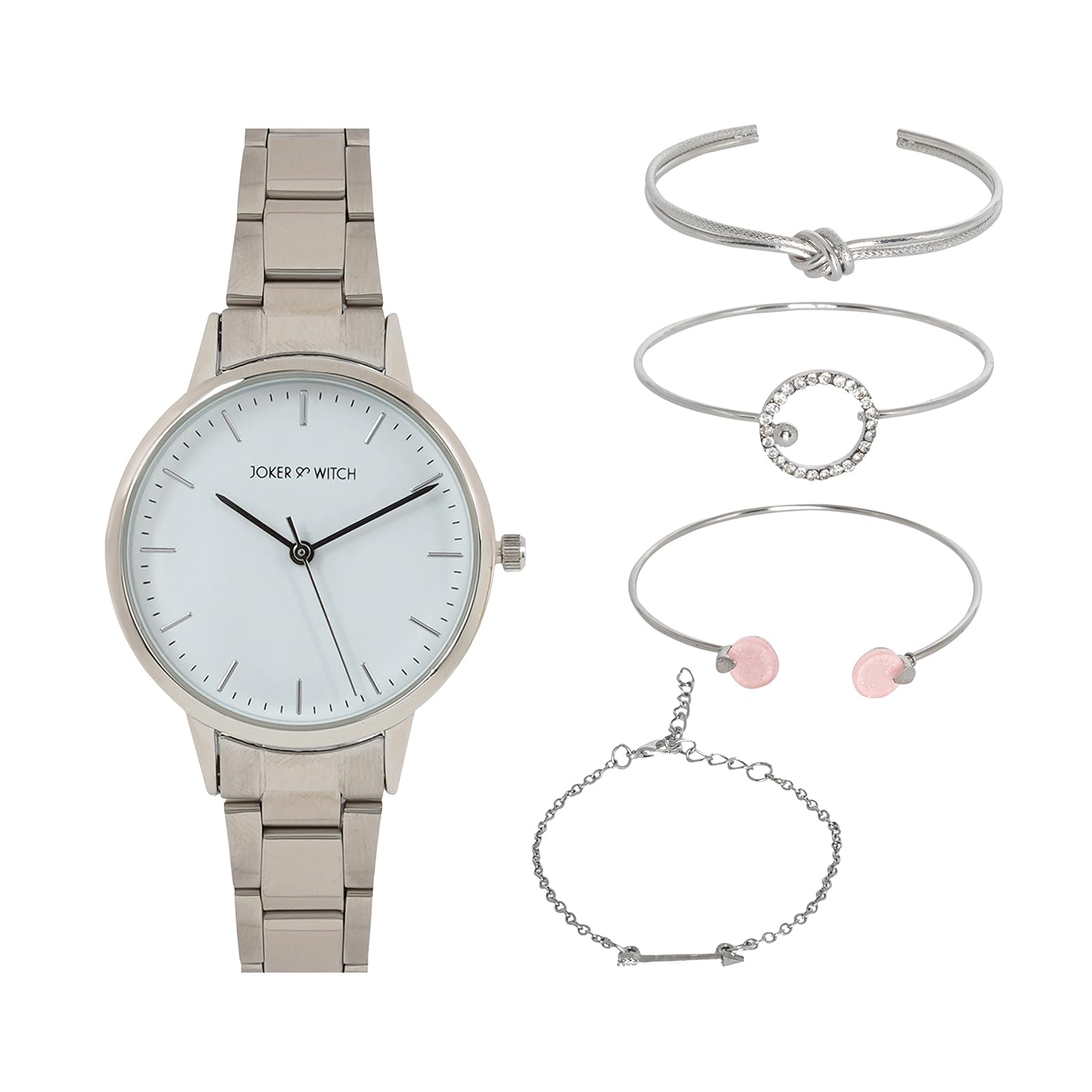Joker & Witch Women Stainless Steel Rexos Analog Watch Bracelet Stack, Dial-Color:White, Band Color:Silver (B0C7L8RQVK) Amazon Price History, Amazon Price Tracker