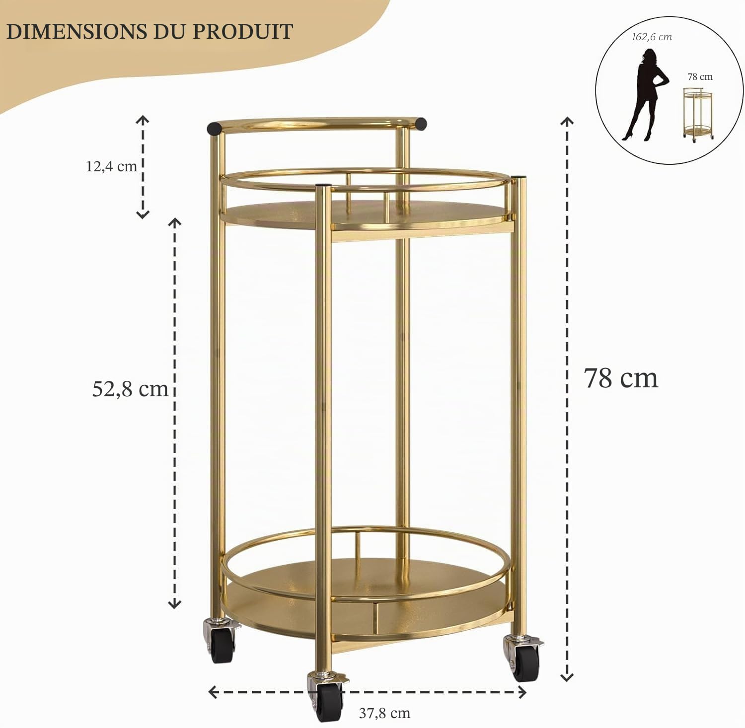Huhote Chariot de service à 2 niveaux - Chariot de cuisine à 2 étages - Chariot de bar rond - Chariot à boissons - Étagère de cuisine sur roulettes - Chariot de rangement avec roulettes réglables