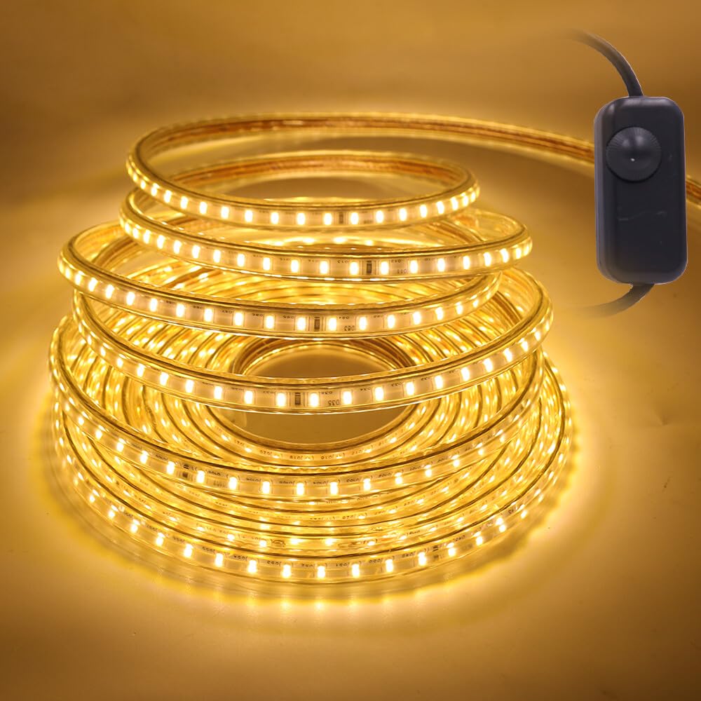 Tira LED Regulable 220V [10M, Blanco cálido 3000-3500K], flexible e impermeable IP65, SMD3014, 120 LEDs/m, CRI85+, recortable cada 1 metro, decoración para hogar y tienda