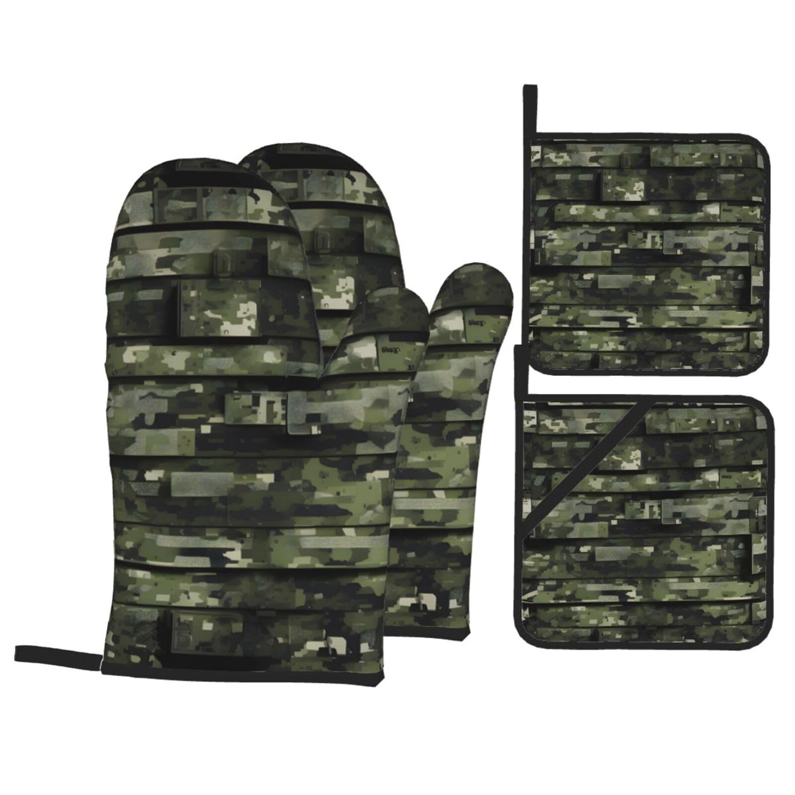 Digital Camo Print 4-Piece Oven Microwaving Set Kitchen Gloves for Holiday Cooking Baking Grilling