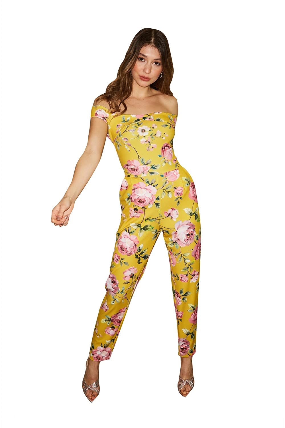 Little Mistress Women's Allure Mustard Floral-Print Bardot Jumpsuit, Size 10 UK, Yellow