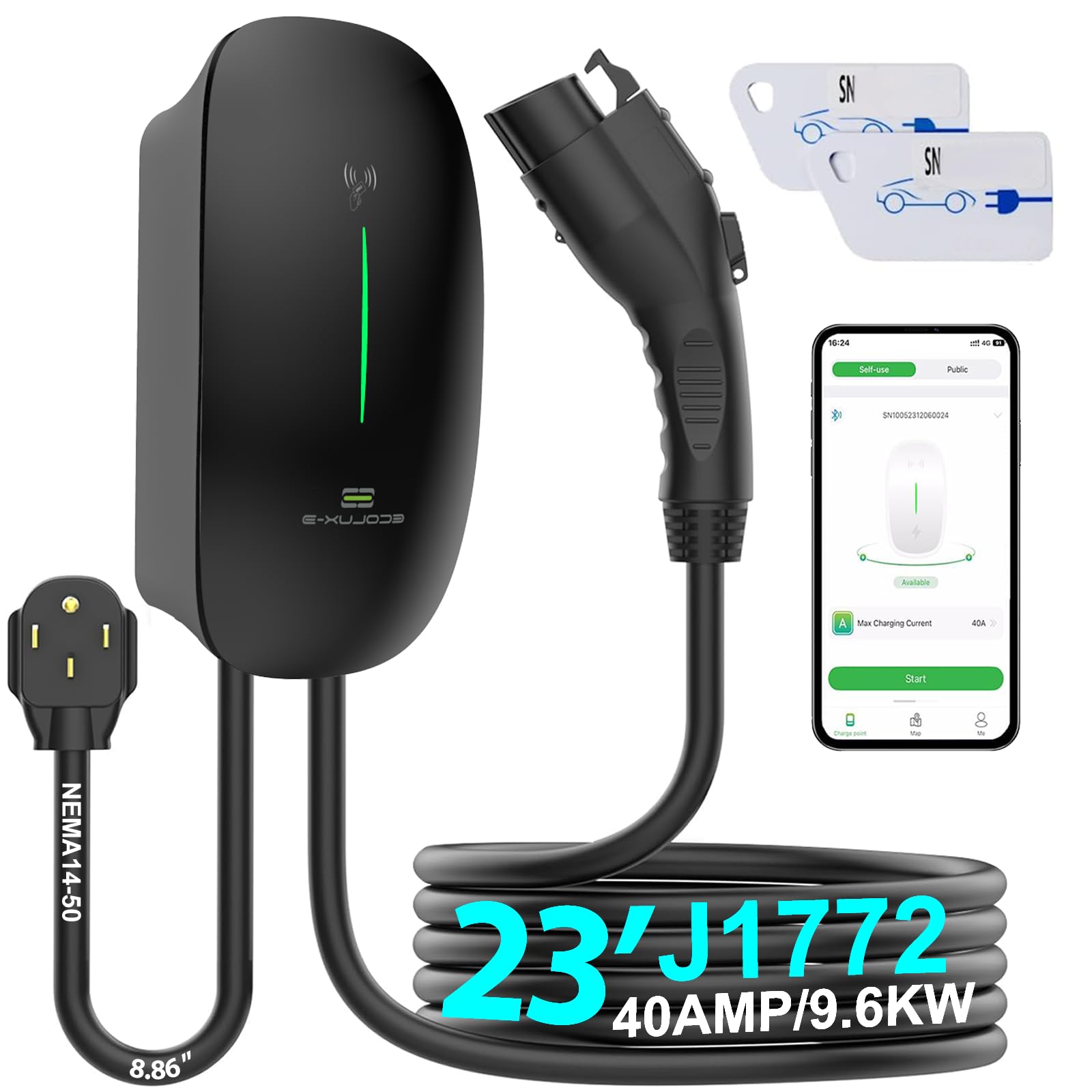 Photo 1 of Level 2 EV Charger 40Amp 240V Home EV Wall Charger, NEMA 14-50 Plug, 9.6kW Fast Charging, J1772 Connector 23ft Cable, Smart Electric Vehicle Charging Station, Indoor/Outdoor Use