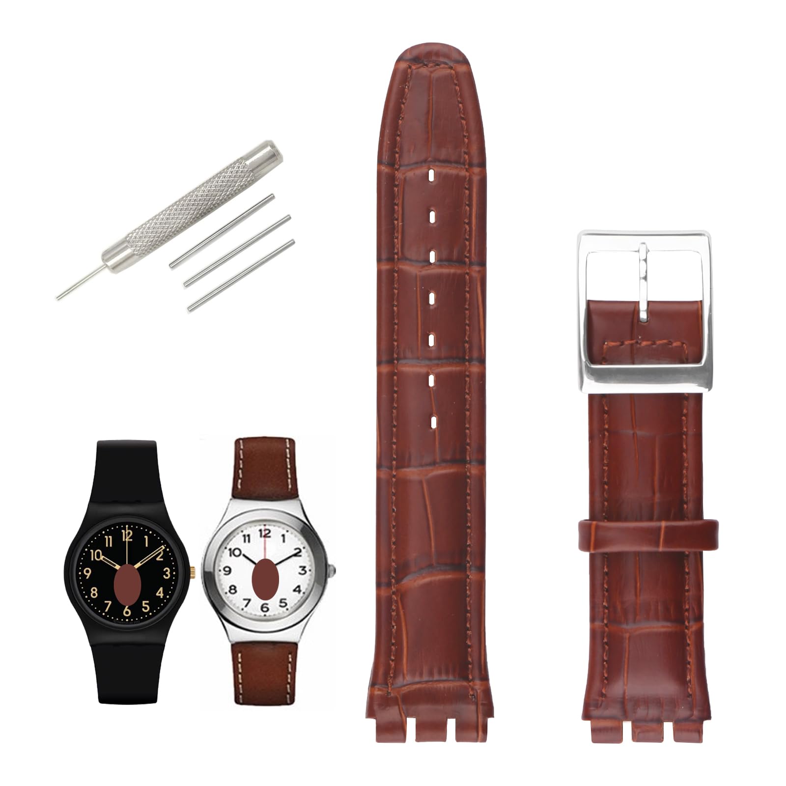 XIW Compatible for 17mm 19mm Swatch women Bamboo Grain Cow Leather Watch Band Replacement for Wirstband Strap men Bracelet watch parts (17mm, Brown)