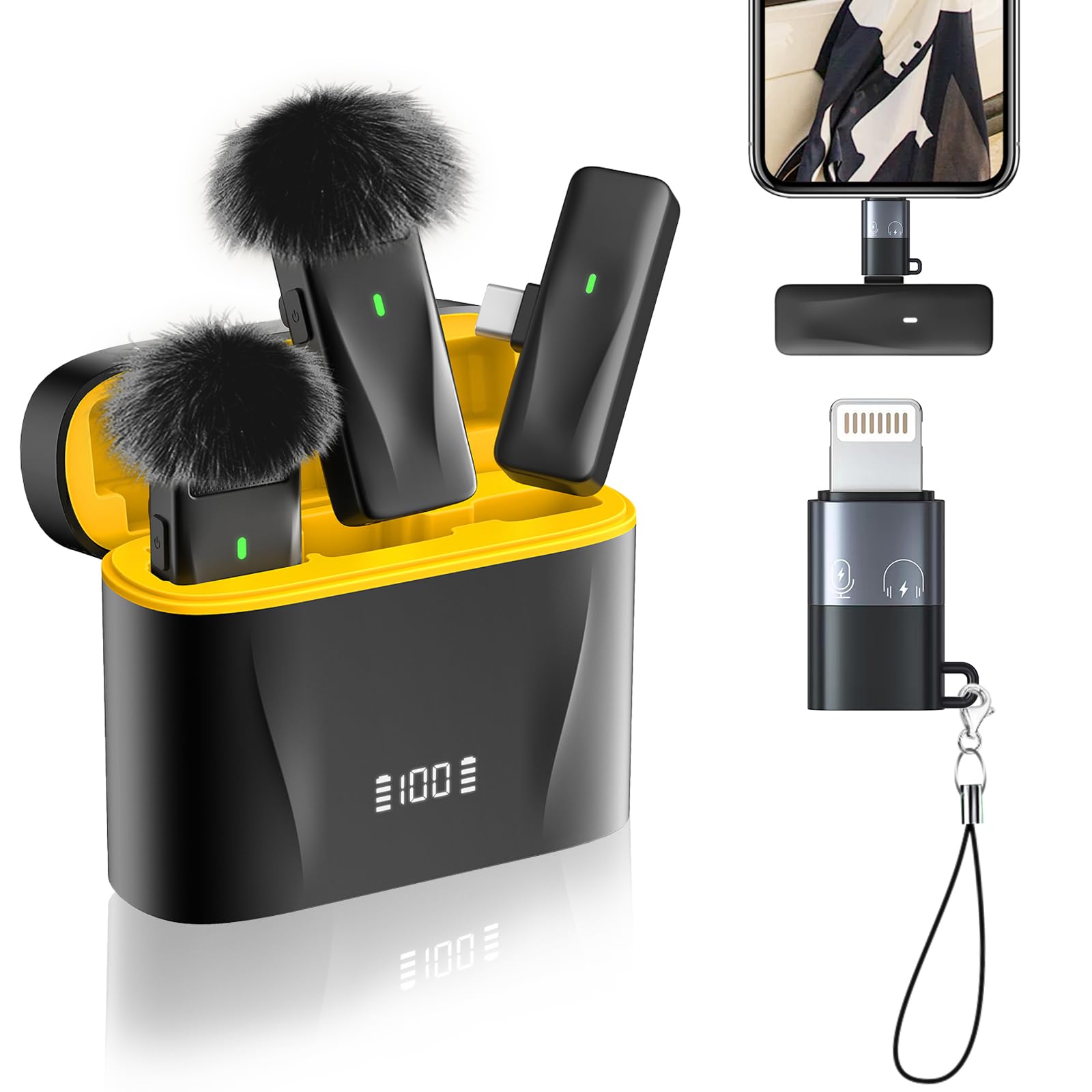 PILSAMAS Wireless Lavalier Microphone for iPhone USB C Mini Microphone iPhone -2 Pack, 48khz 32bit, 100ft, Noise Canceling Lapel Microphone Wireless Lav Mic for iPhone 15, Video Recording, Streaming