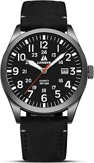 LENQIN Men's Military Quartz Watch 42mm Stainless Steel Case Luminous Dial Date 3ATM Waterproof Leather Band