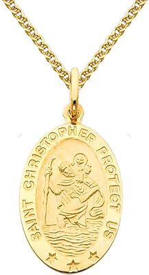 14k Yellow Gold Religious Saint Christopher Medal Pendant with 1.5mm Flat Open Wheat Chain Necklace