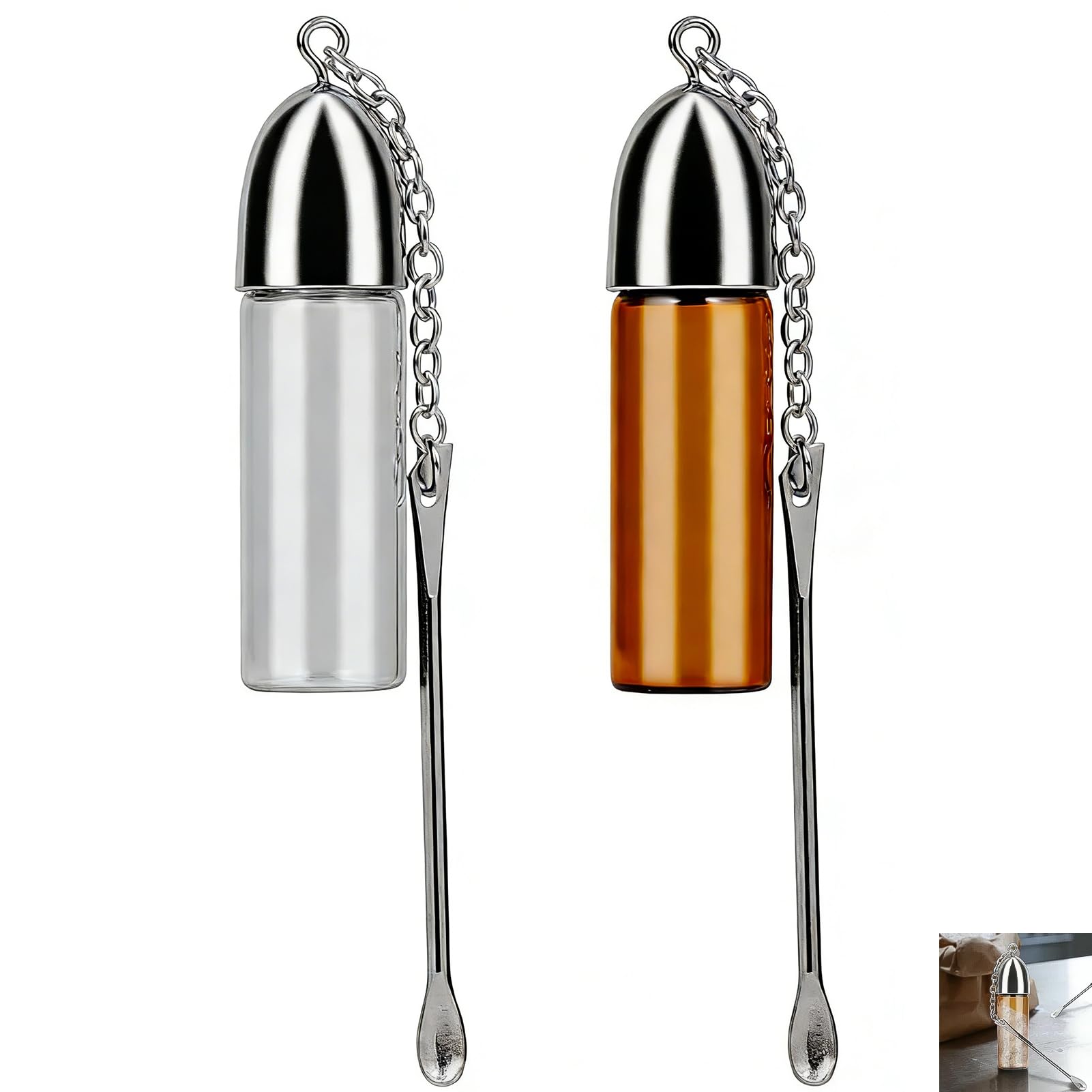 2 PCS Snuff Bottle with Spoon, Glass Bottle with Spoon Storage, Portable Spice Tool, Airtight Travel Storage for Essential Oils, Perfumes, Spices, Lipsticks, and Small Liquids, Durable and Compact Kit