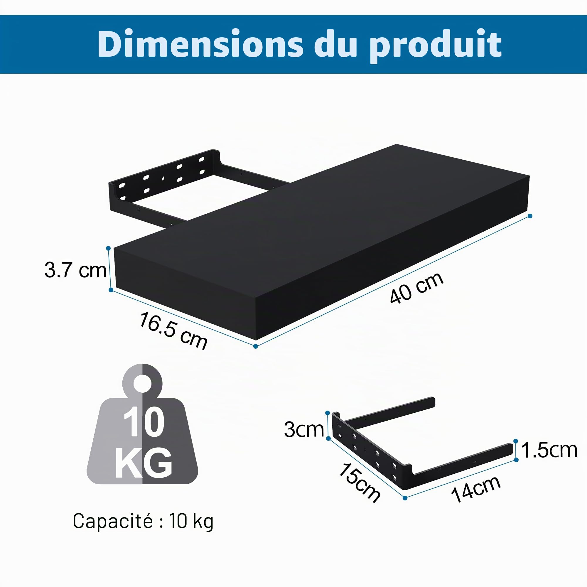 BONTEC Lot de 2 Étagères Murales Flottantes, Étagère Murale de 40 cm, Capacité de 10kg par Étagère, pour Salon, Cuisine, Salle de Bain, 40x16.5x3.7cm, Noir