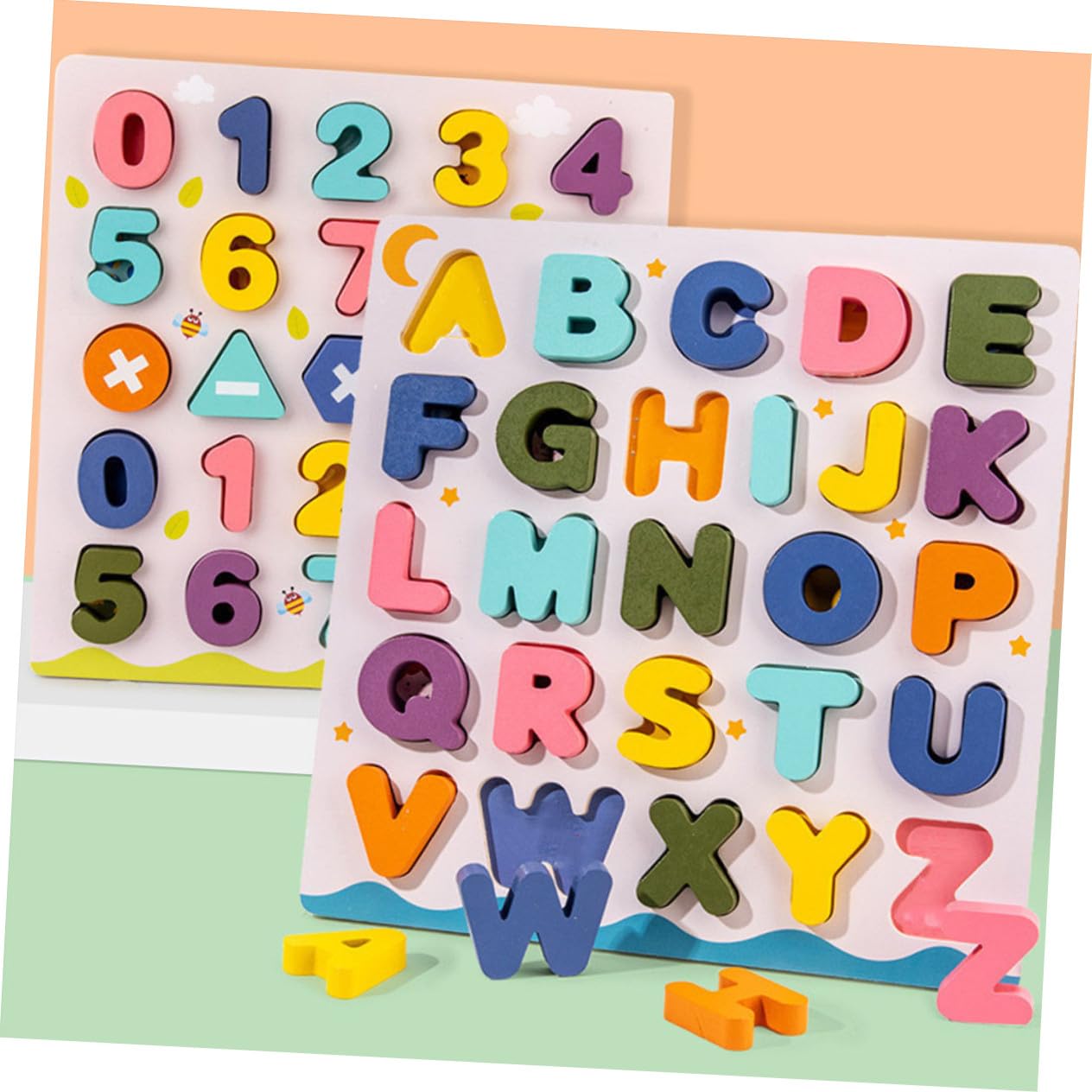 Puzzle Lettere e Numeri in Legno per Bambini, 2 Set | Festa Scuola Decor, Supporto per Apprendimento e Riconoscimento Figure, Adatto a Bambini