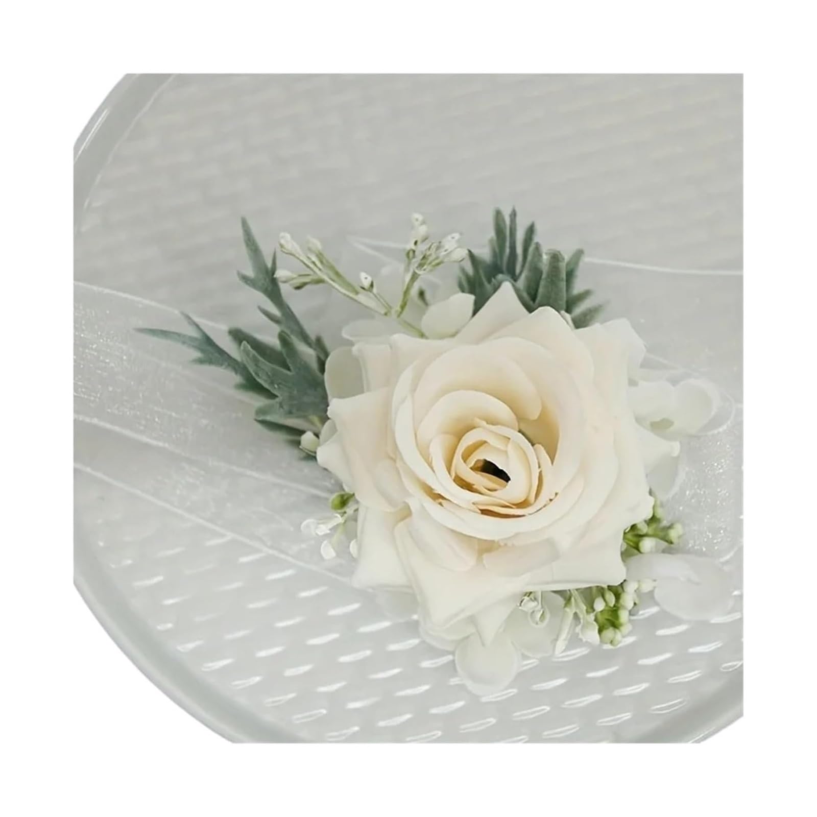 Bransoletka z bukietem róż, Zestaw butonierek ślubnych z białej róży na nadgarstek 1/6 opakowania 7x13 cm(6pcs Boutonniere)
