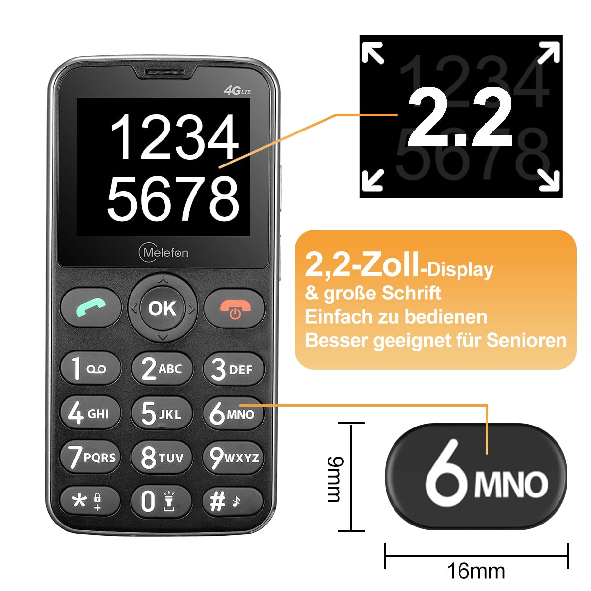 4G Seniorenhandy mit Großen Tasten, Mobiltelefon Ohne Vertrag, 2,2 Zoll Farbdisplay, 1400 mAh Akku Lange Standby-Zeit, USB-C, Ladestation, Rentner Senioren Handy Einfach mit SOS-Taste