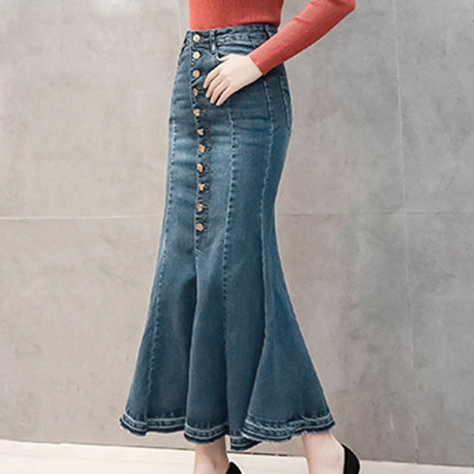 Damen Jeans Rock, Stretch Denim Maxi Jeansrock Mit Weit Ausgestelltem Saum, Slimfit Midi Röcke Freizeitrock Partyrock, A Linie Rock, Figurbetontes Damenrock Hohe Taille
