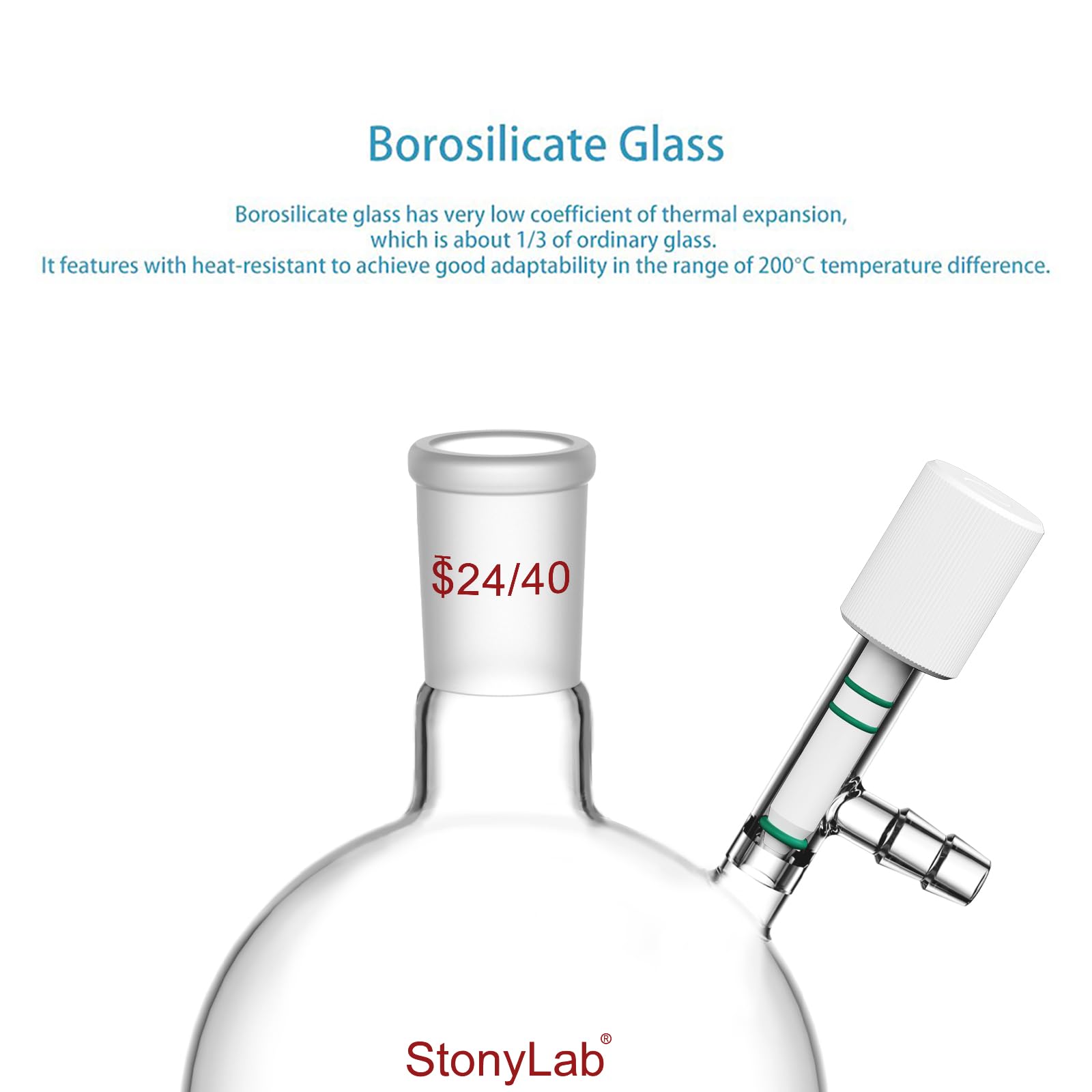 stonylab Vidrio Matraz de Schlenk, 24/40 Junta Reacción Libre de Aire Frasco de Schlenk de Fondo Redondo y Pared Gruesa, Round Bottom Schlenk Flask con Conexión para Manguera de 10 mm, 500ml