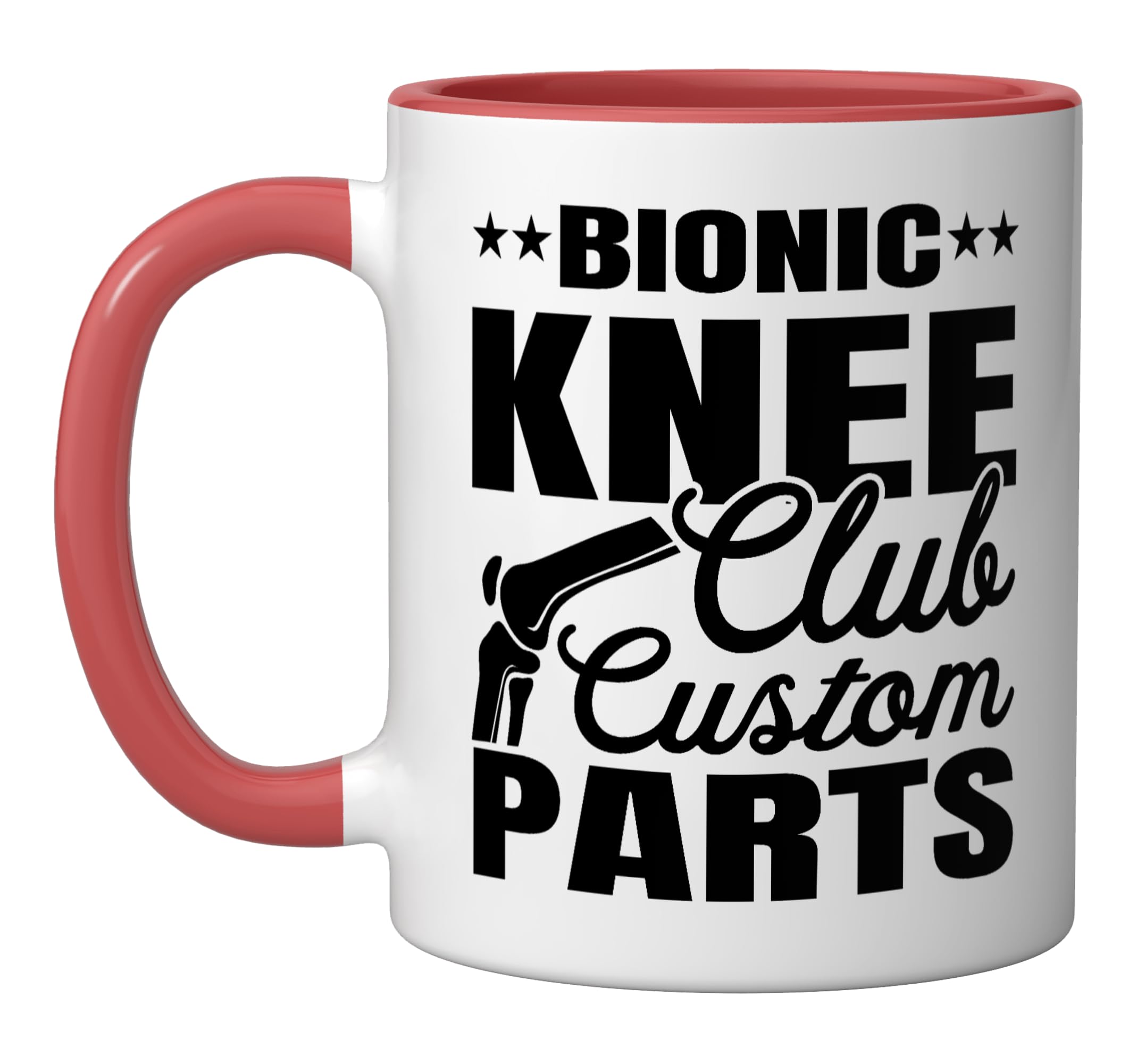 Bionic Knee Club Custom Parts Funny Knee Replacement Surgery Ceramic Mug, Red/White