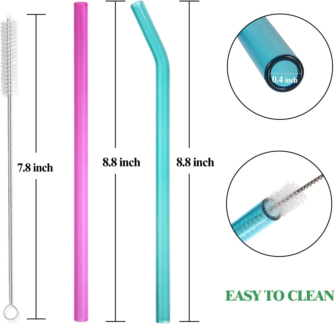 Hiware 8-Pack Reusable Glass Straws - Drinking Straws for Milkshakes, Juices, Frozen Drinks, Smoothies, Bubble Tea