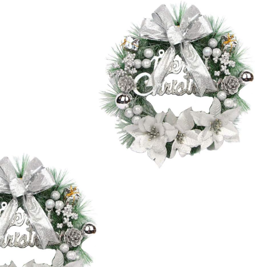 SUPVOX 11.81inch Christmas Wreath with Pine Berries Poinsettia Bow Hanging Decor Front Door Home Wall Window Party Decoration Pendant (Silver)