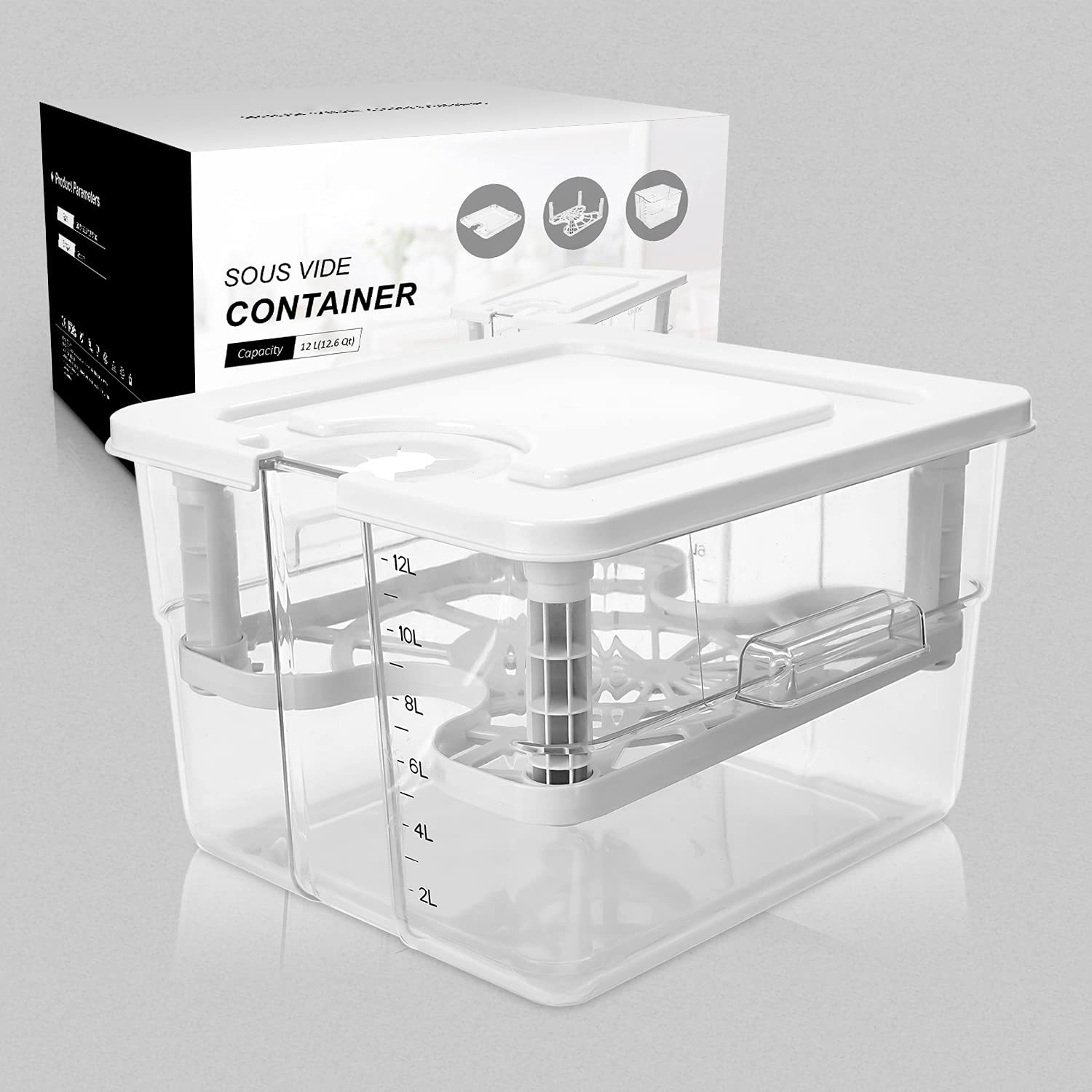 Sous Vide Behälter 7 in 1 Set 12L mit Deckel und Rack, für Garer Stick Professional, Mehrere Marken Geeignet, Multifunktionaler Transparenter Behälter(MEHRWEG)