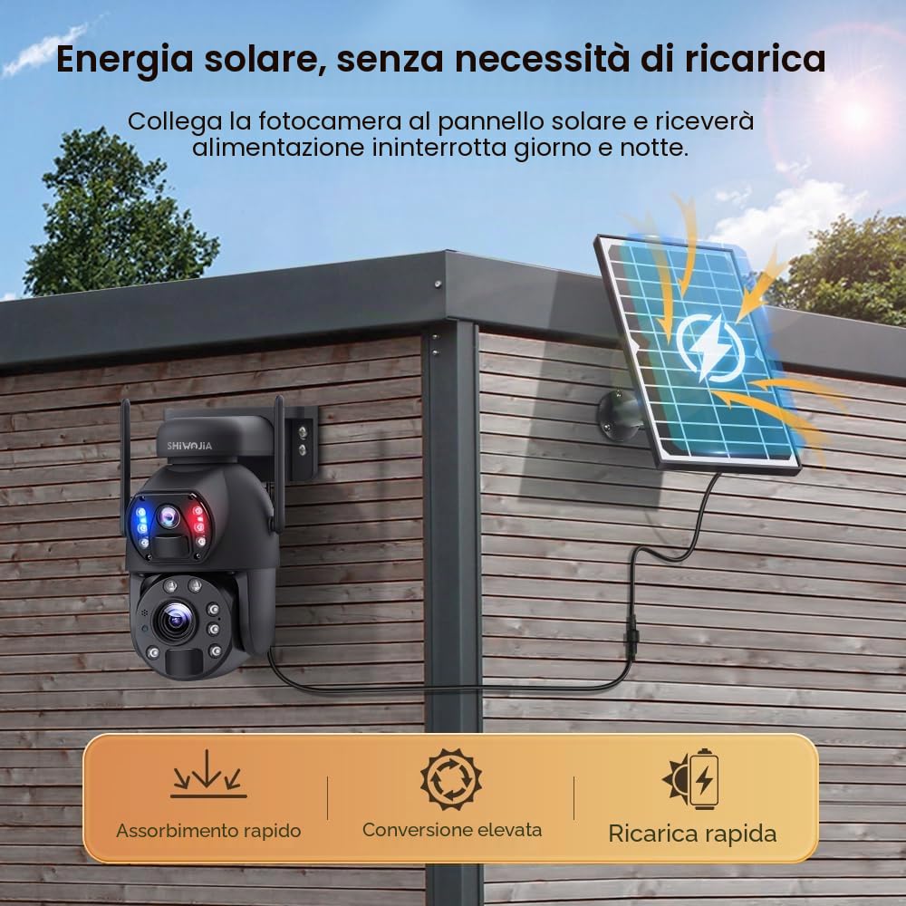 SHIWOJIA Telecamera di Sorveglianza WiFi Esterno, 20X Zoom 6 MP 360° PTZ Telecamera Esterna Solare con Doppia Lente, 100m Visione Notturna a Colori, PIR Smart Detection, Audio Bidirezionale