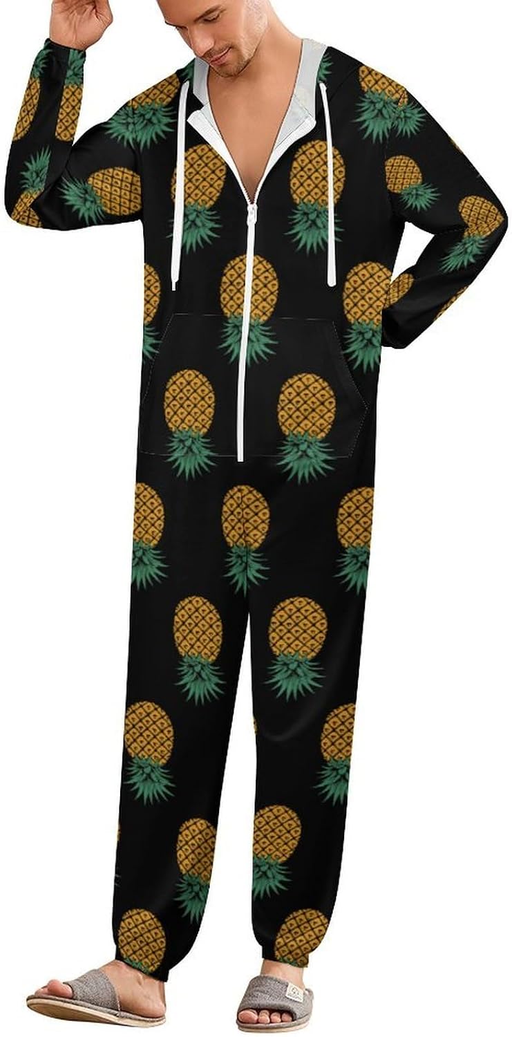 Down Pineapple Adult Pajamas Onesie with Hood Pocket Jumpsuits One Piece Sleepwear