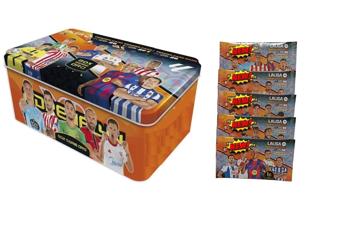 TIN BOX Serie ORO + 5 sobres 2025 2026 Liga de futbol, Lata Grande con cartas especiales